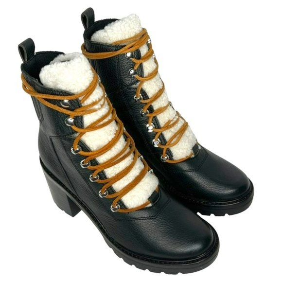 Marc Fisher Black Denise Leather Sheep Fur Combat Moto Ankle Boots Size 7.5M - Picture 1 of 16